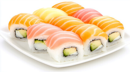 Assorted sushi on a plate with vibrant toppings.