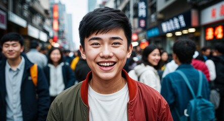 Fototapeta premium Teen Chinese guy in a casual jacket joyful expression portrait photo crowded street background