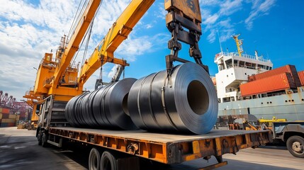 Mobile crane lifting steel coil onto a truck in a busy port