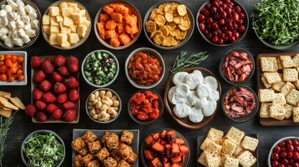 Cookbook background - products for preparing party recipes. a variety of snacks and dishes for a party, menu idea. food collage of food in plates, options.
