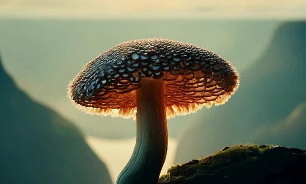 A maitake mushroom opens on the brink of a precipice. Cinematically lit with horror accents, Expressive Dialogue Velocity, Anamorphic and Specialty Lenses, this scene captivates with ultra-high detail