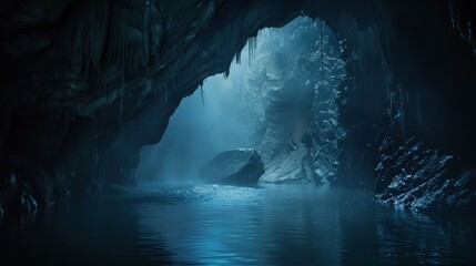 A cave with a blue river running through it