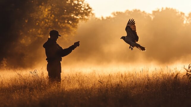falconer training a bird of prey in a wide open field. Early morning light with mist rising from the grass.