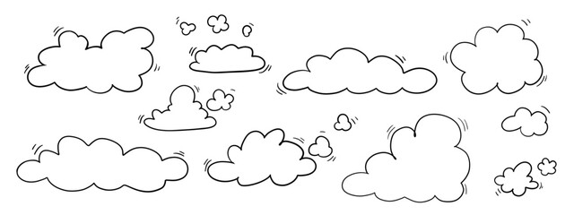 Hand drawn outline clouds isolated on transparent background. Doodle creeping clouds collection. Vector illustration