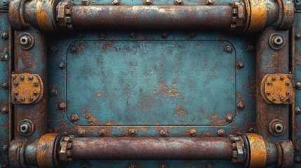 Rusty Metal Panel with Industrial Pipes and Bolts