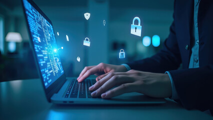 Obraz premium Secure IT Environment with Digital Protection Symbols