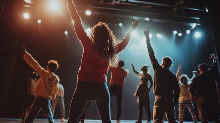 Diverse actors rehearsing scene, theater background, soft lighting,