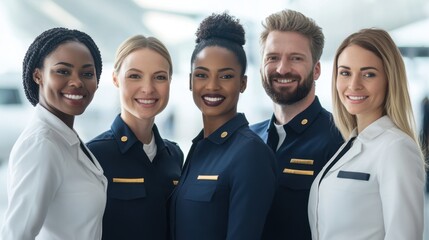 Flight crew at airport, diverse team, natural light, clean background