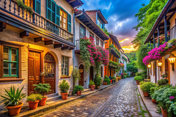 Obraz premium Charming street with historic architecture, vibrant flowers, and warm lighting creates picturesque scene. cobblestone path invites exploration and evokes sense of tranquility
