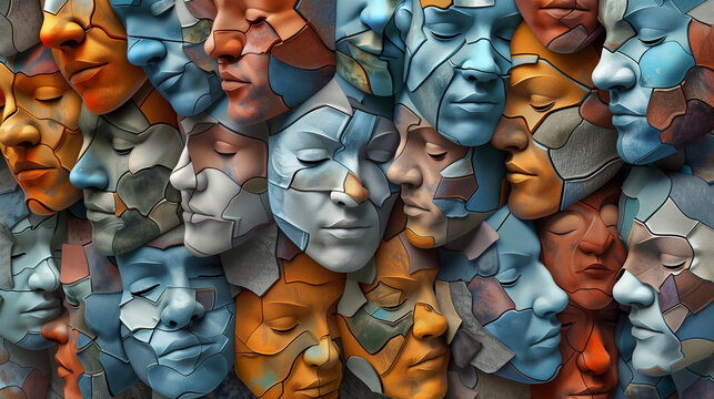  human psychology, solving emotional problems, treating psychiatric psychological diseases, harmonious relationships antisocial people, abstract mask faces different emotions multiple personalities