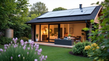 Fototapeta premium Modern Home with Solar Panels and Lush Garden View