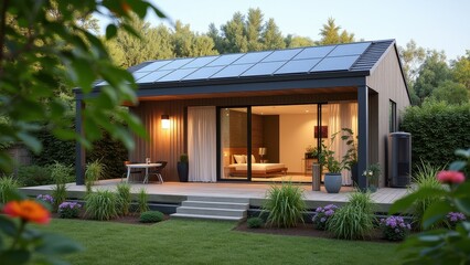 Fototapeta premium Modern Home with Solar Panels and Lush Garden