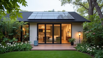 Modern Home with Solar Panels and Lush Greenery