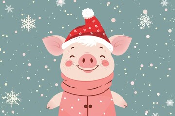 Adorable piglet in santa hat with snowflakes