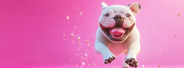 Obraz premium A happy French bulldog jumps towards the camera, with a pink background and some confetti.