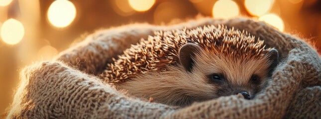Obraz premium Cute hedgehog curled up in a cozy knitted sweater with soft warm lighting.
