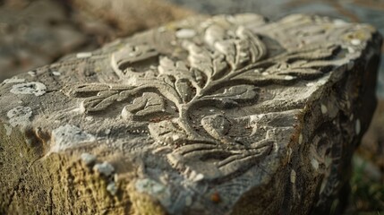A stone with a leaf carving on it