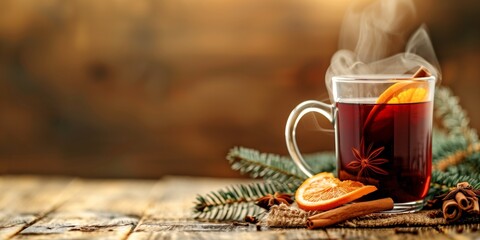 Glass mug with mulled wine with orange and spices on a wooden table. Christmas New Year banner with space for text.