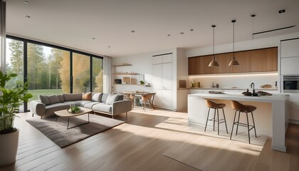 Fototapeta premium modern living room and kitchen in a stylish home featuring minimalist furniture and natural light from large windows