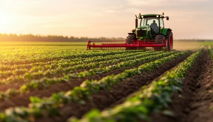 Fototapeta premium Green Tractor Working in Field at Sunset Agriculture Farming Equipment Rural Landscape