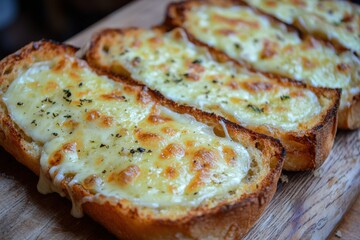 A close-up of toasted bread topped with melted cheese and herbs, showcasing a delicious snack or appetizer.