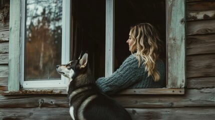 Woman and dog gazing out window of fixer-upper cabin