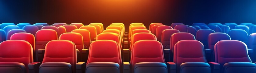 Fototapeta premium Colorful cinema seats arranged in rows under dramatic lighting.