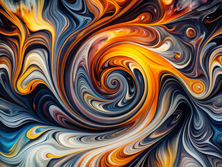 Vibrant abstract background featuring dynamic swirling patterns in shades of orange, black, and blue, creating mesmerizing visual effect