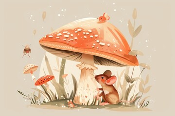 Whimsical woodland: mouse and mushroom fantasy scene