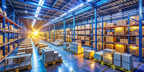 spacious warehouse filled with neatly arranged packages and boxes, illuminated by bright fluorescent lights. organized layout creates sense of efficiency and order