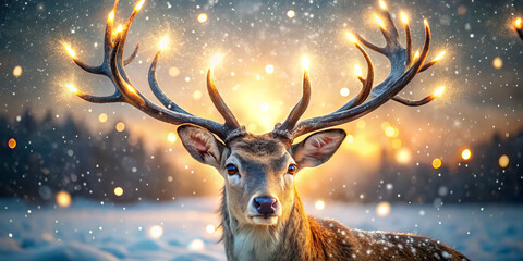 majestic reindeer stands in snowy landscape, its illuminated antlers radiating warm glow against backdrop of falling snowflakes and vibrant sunset. scene evokes sense of wonder and tranquility