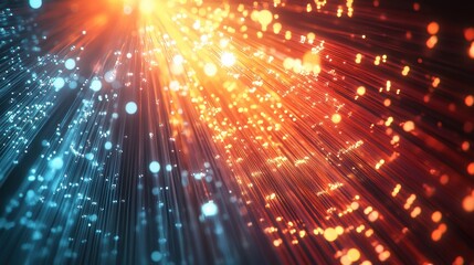 Obraz premium Fiber optic telecommunication network, emphasizing light transmission through glass fibers, with intricate visuals of data pulses
