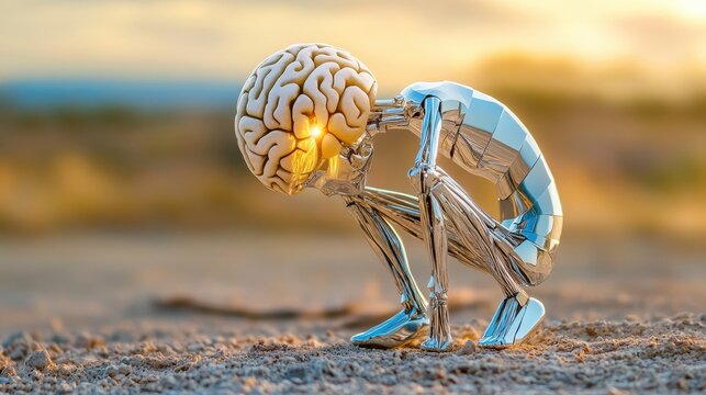 Abstract figure with a brain made of unmovable stone, stuck in place