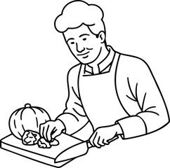 A cheif man chopping vegetables line drawing using knife on a chopping board. Cooking outline vector and line art illustration design.