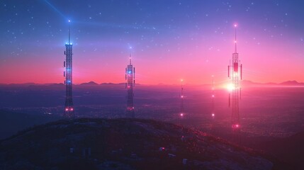 Telecommunication cell tower network, visualizing communication towers linked across vast landscapes, with signals radiating