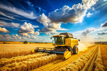 Fototapeta premium bright yellow combine harvester is efficiently harvesting ripe wheat in vast field under stunning blue sky filled with fluffy clouds. scene captures essence of agricultural productivity and beauty of