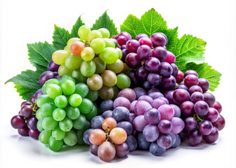 vibrant assortment of plump, juicy grapes in varying shades of green, purple, and red, beautifully arranged with fresh green leaves, showcasing their natural beauty and freshness