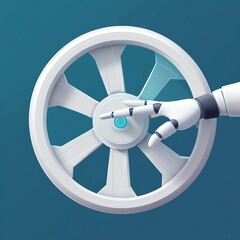 Obraz premium 3D wheel, robot hand interaction, futuristic industry icon, flat design illustration