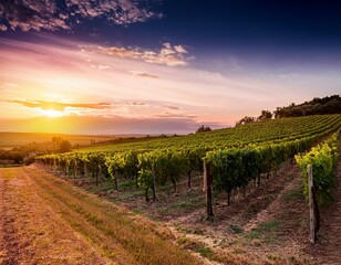 sunset in the fields with vineyards