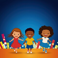 Children playing, bright lights and joyful expressions, flat design illustration, selective focus on foreground, copy space for text, ultra HD,