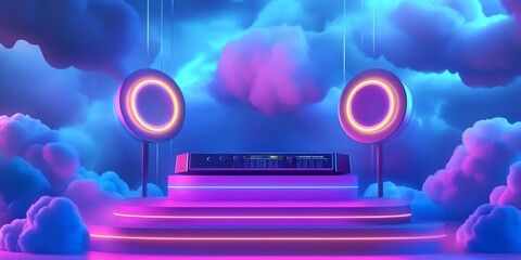 Audio system on podium, neon glow, stormy sky in background, 3D elements, flat design illustration