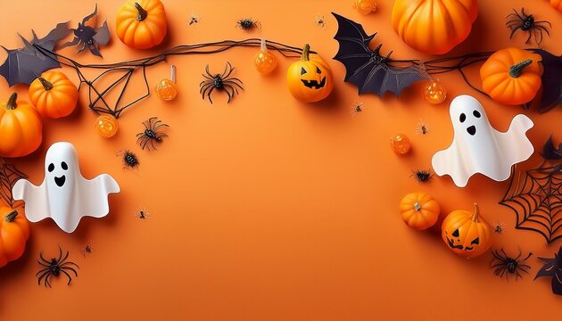 top view halloween concept with garland pumpkins ghosts spiders and bats on orange background