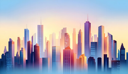Naklejka premium Colorful Cartoon City Skyline with Skyscrapers at Sunset