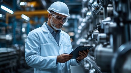 A man in a white lab coat is looking at a tablet while wearing a hard hat