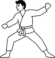 An one man continuous line drawing karateka fighter in kimono practicing karate kick combat. Karateka sport single line art illustration. Karate outline design.