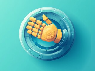 Futuristic icon with robot hand and 3D industrial wheel, flat design illustration