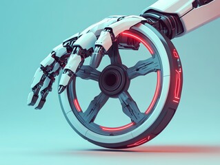 3D wheel in robotic hand, futuristic industry concept icon, flat design illustration