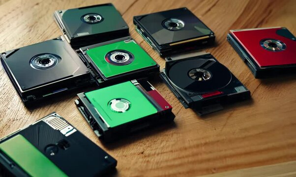 vintage 90s diskettes on wooden office desk