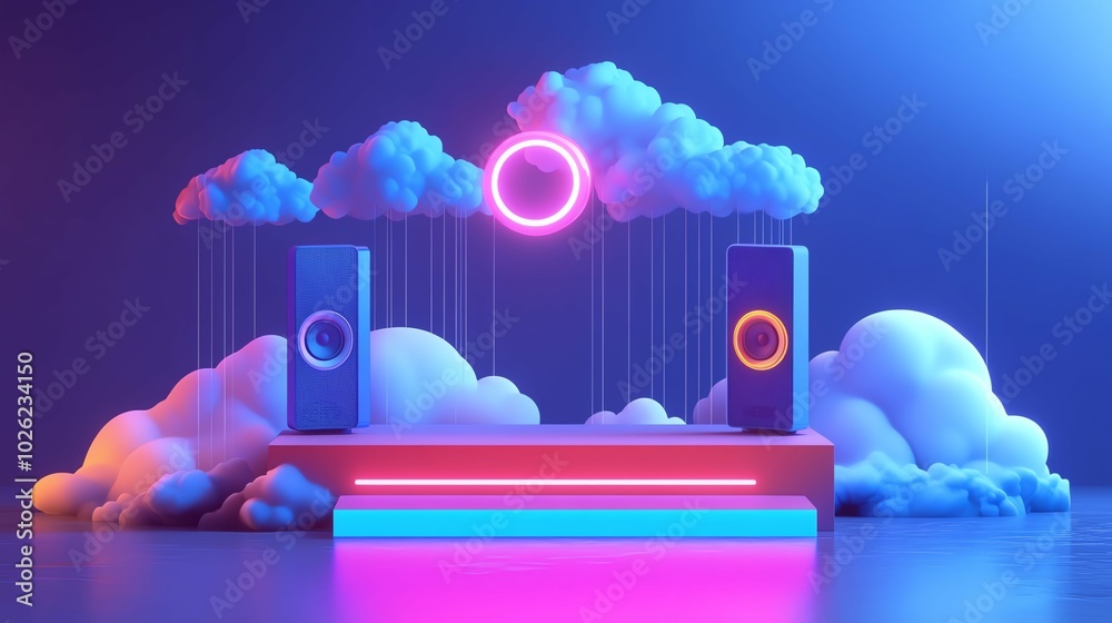 Wall mural stormy weather with neon audio system on 3d podium, flat design illustration