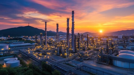 Panoramic shot of oil refinery at sunset